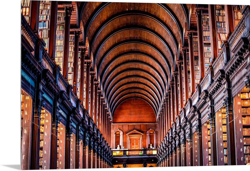 Photograph of the arched wooden ceilings of Trinity College Library, which serves Trinity College and the University of Du...