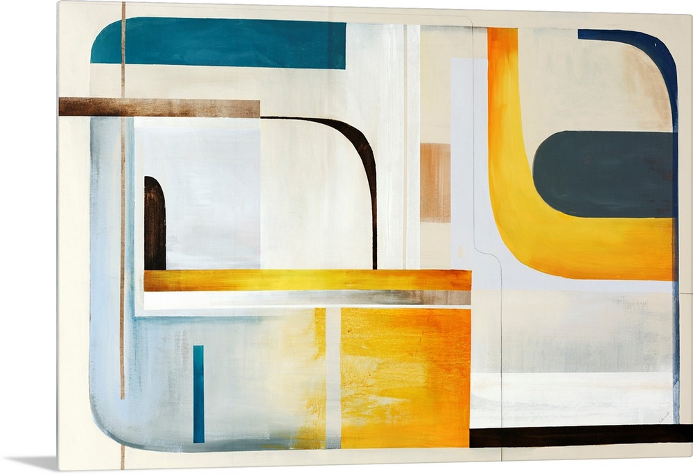 Modern painting of geometric shapes and lines reminiscent of mid century modern styles.