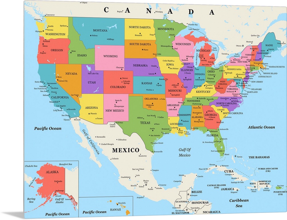 Large color map of the United States of America with a classic font.