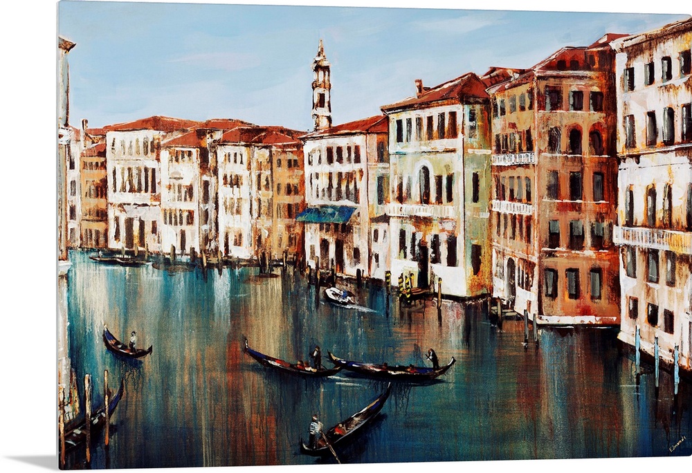 Contemporary painting of gondolas on the Grand Canal in Venice, Italy.