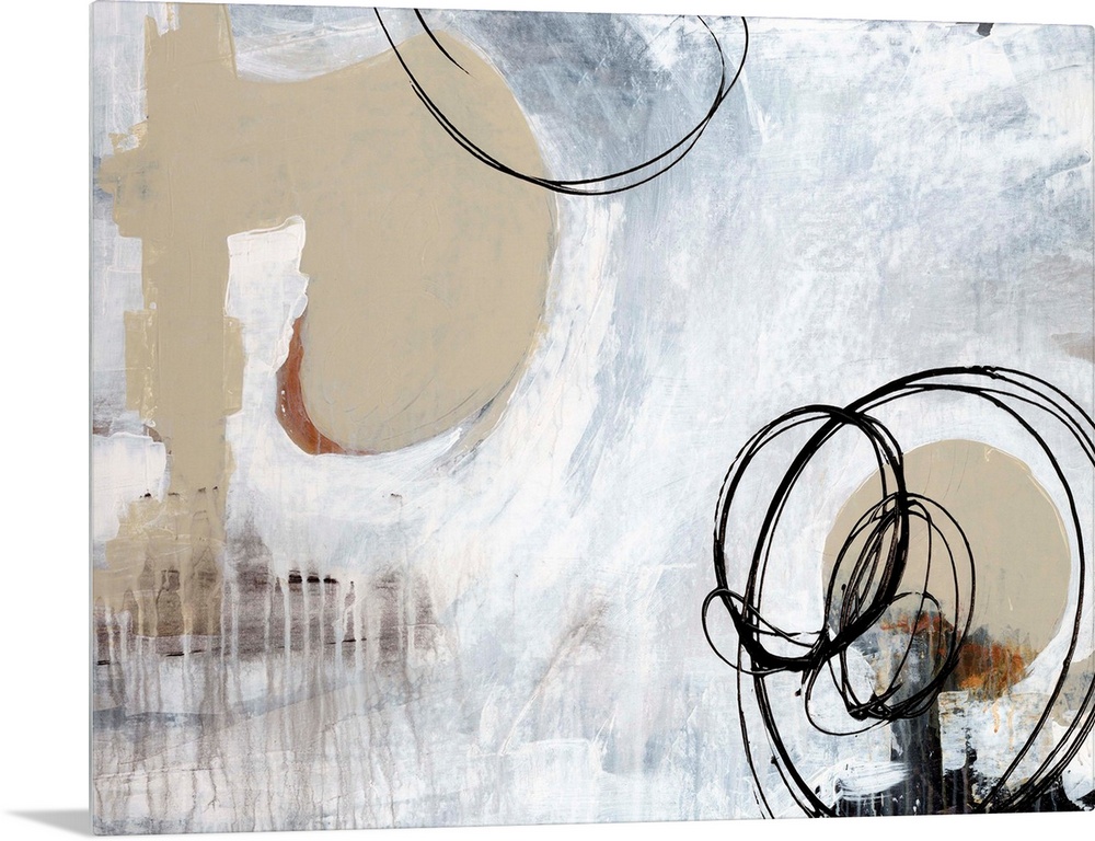 Contemporary abstract painting of dripping paint and scribbled ink circles.