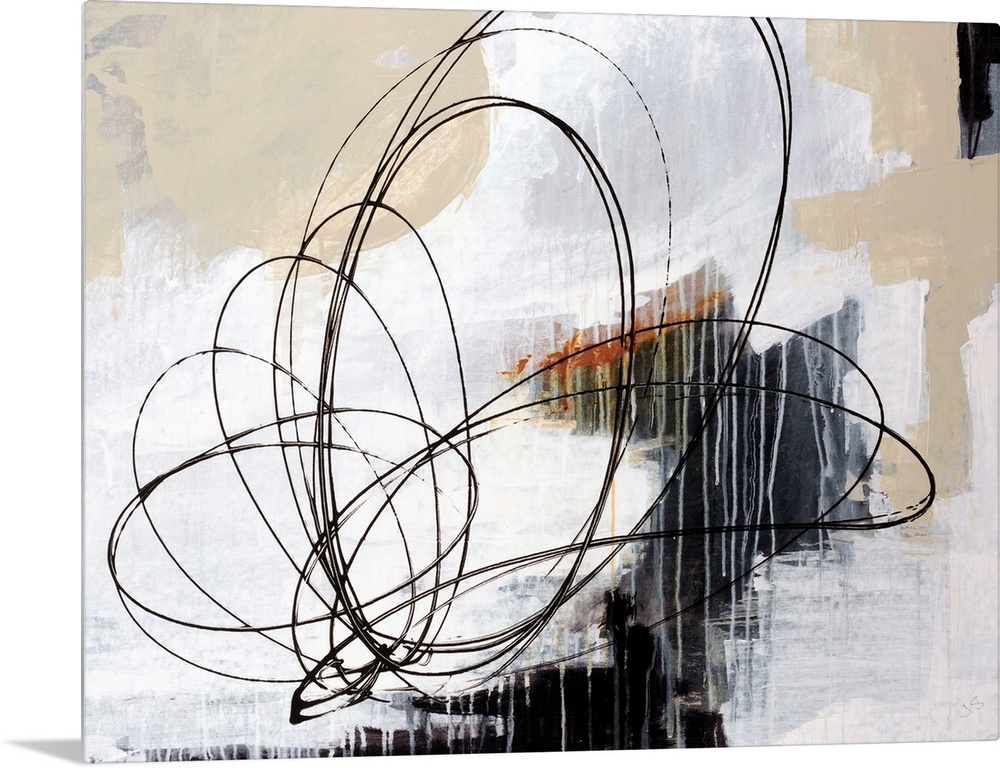 Horizontal abstract art work of layered paint textures with rapid, circular shapes drawn in this line art on top.