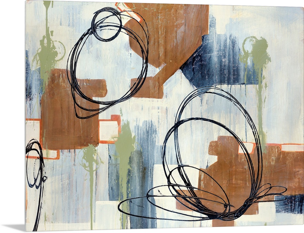 Abstract painting of circles and various other shapes on canvas.