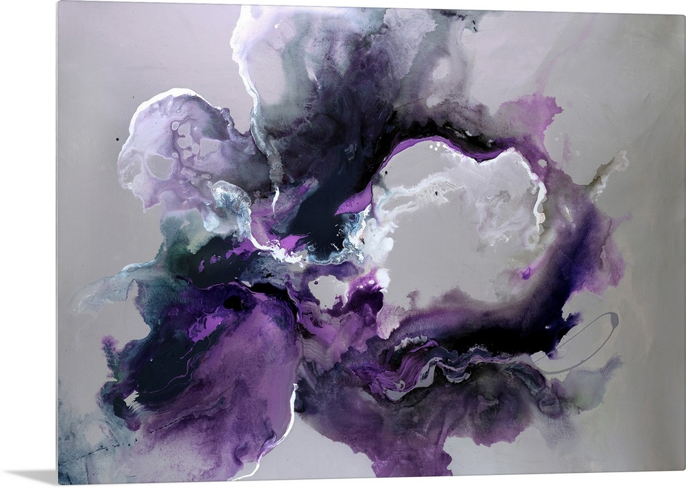 Horizontal abstract wall art of bleeding wet paint forming amorphous wet shapes.