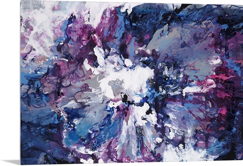 Contemporary abstract painting of clouded forms in various shades of violet.