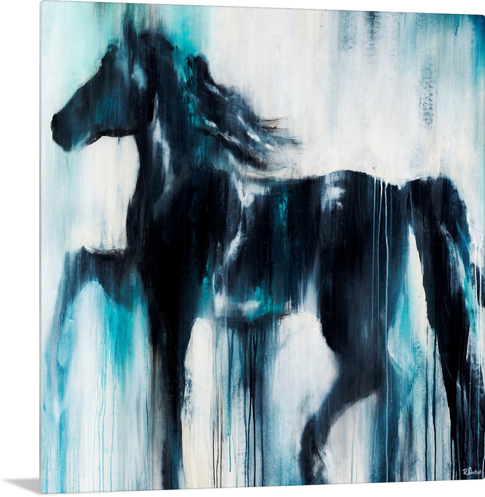Giant, horizontal painting of a silhouetted profile of a horse on a light background. The entire image appears as if it be...