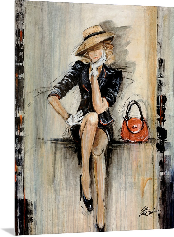 Vertical, figurative art on a big canvas of a woman in a fashionable dark dress and hat, with gloves and high heels, sitti...
