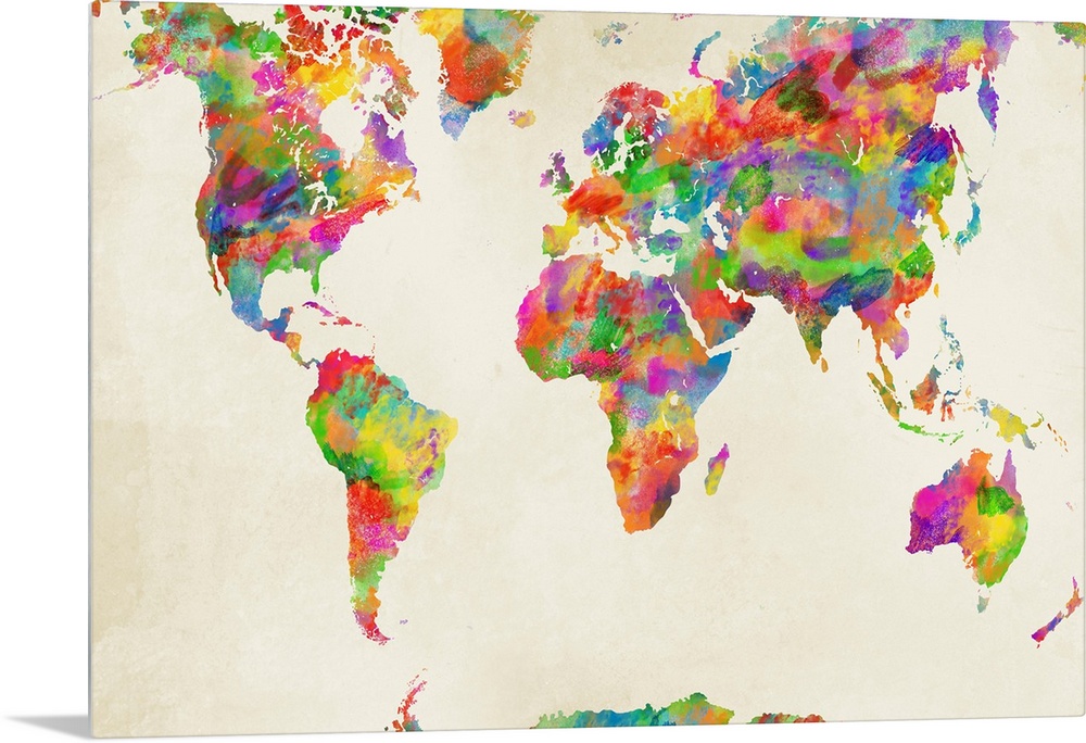 Colorful watercolor map of the World on a neutral background.
