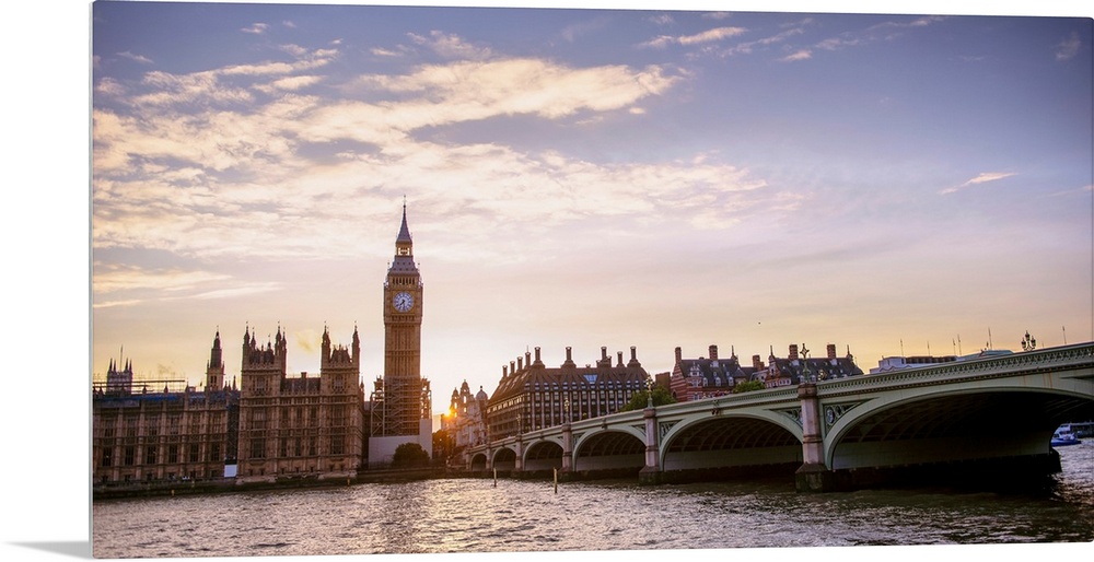 Panoramic photograph of the Westminster Bridge over the River Thames with Big Ben in the background at sunset, Westminster...