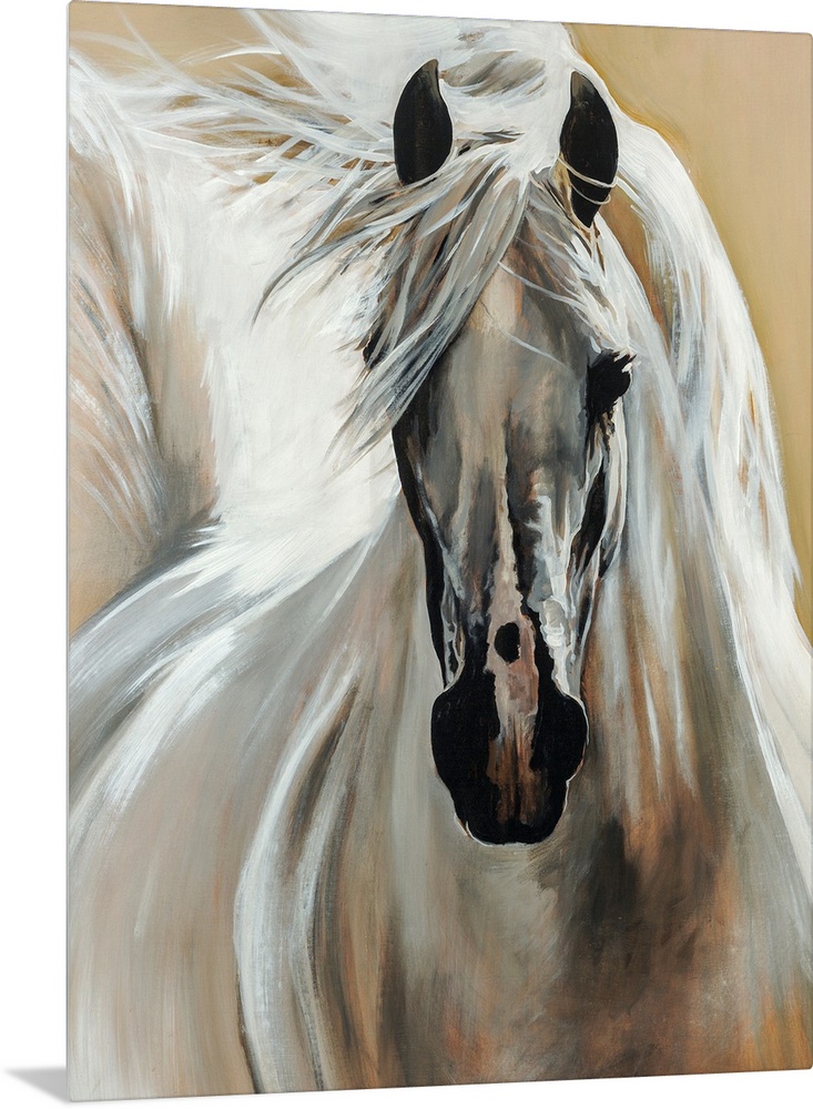 Contemporary painting of a horse galloping with its bright mane and tail flowing behind it.