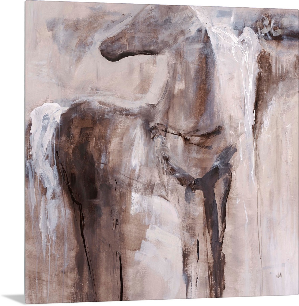 Abstract painting of a figure of a horse fading into the background of earthy tones.