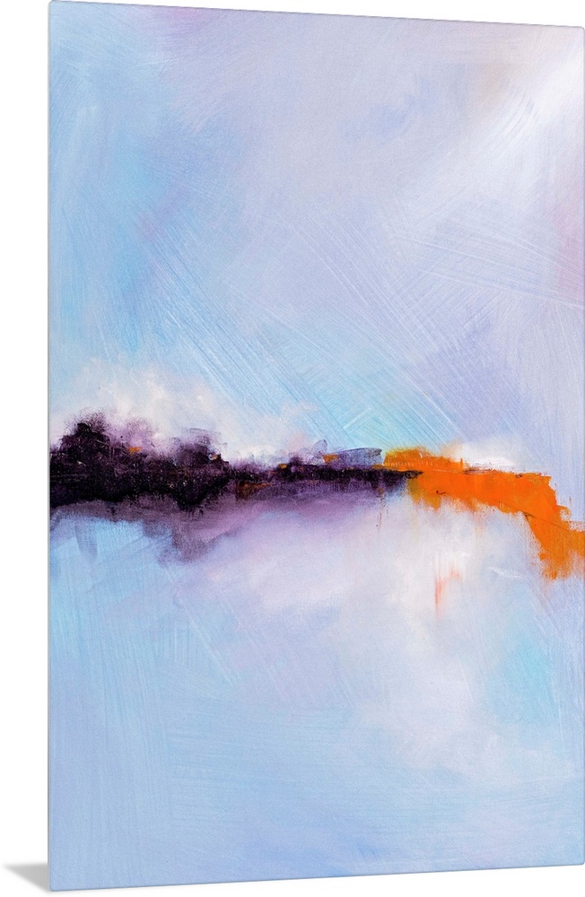 Contemporary abstract artwork in shades of pastel blue and lavender, with a bright pop of orange.