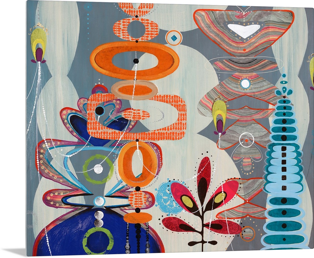 Fun, contemporary painting of eclectic shapes and patterns, reminiscent of the iconic candy factory tale.