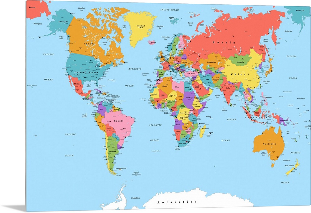 Large color map of the World with a classic font.