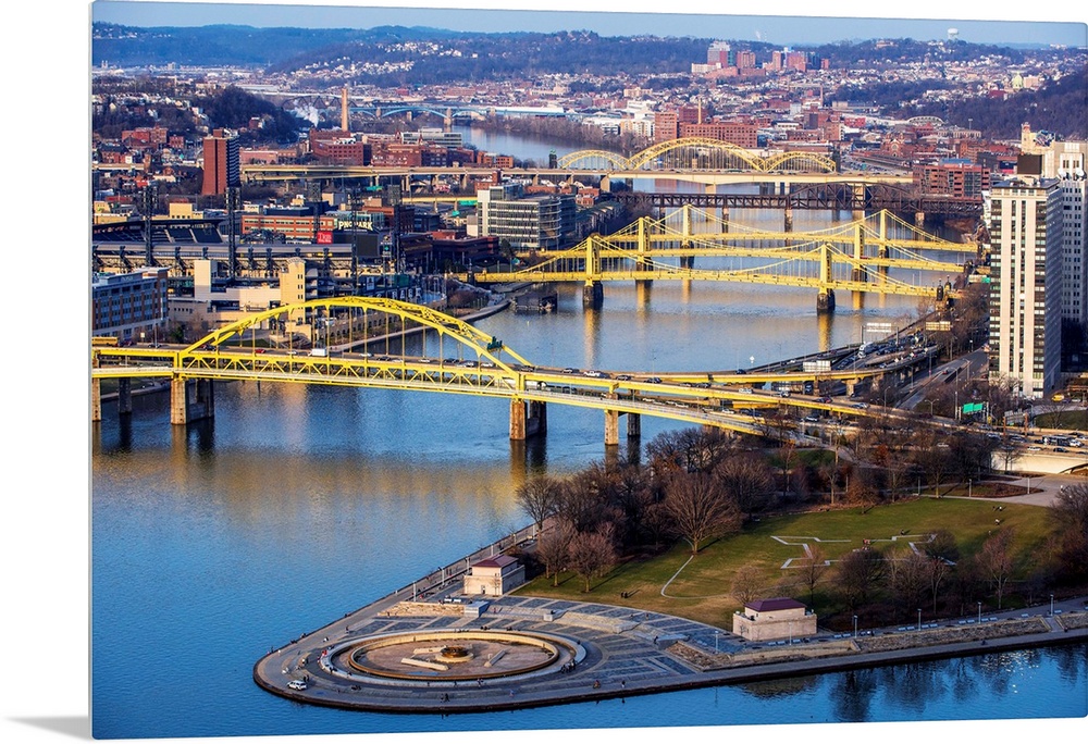 Photo of Fort Duquesne Bridge, Three Sisters Bridges, and David Mccullough Bridge with Point State Park.