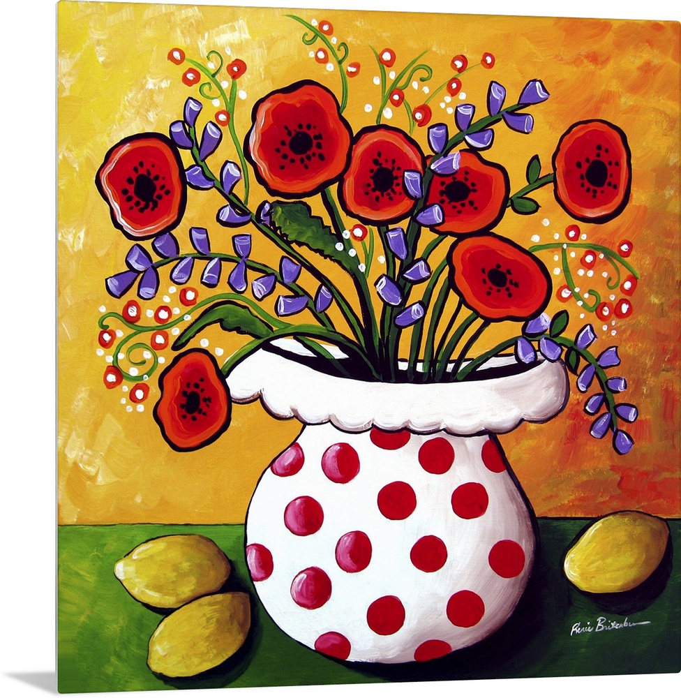 Fun, colorful floral with red Poppies and lemons.
