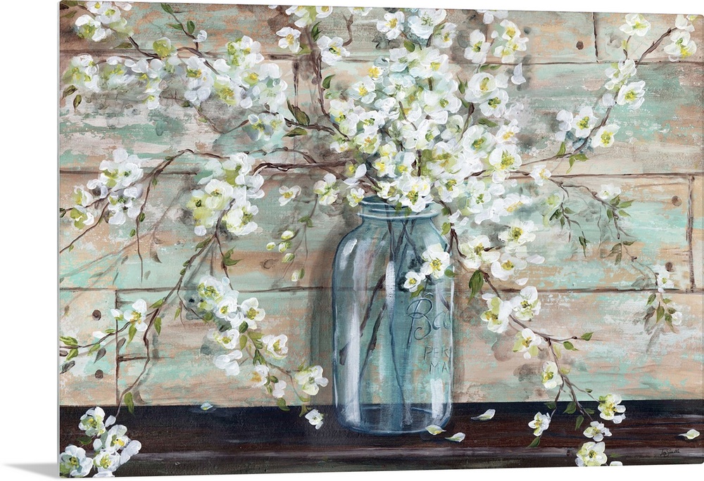 A decorative painting of a glass mason jar full of white blossoms in subdue tones.