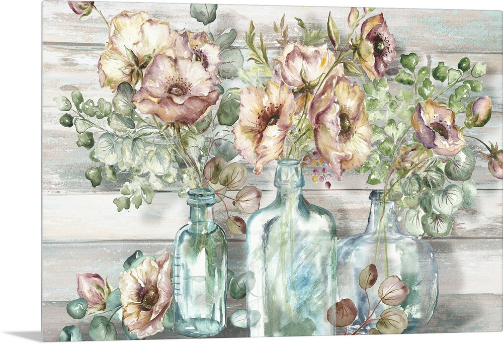 A decorative watercolor painting of a glass mason jar full of poppy and eucalyptus in subdue tones.