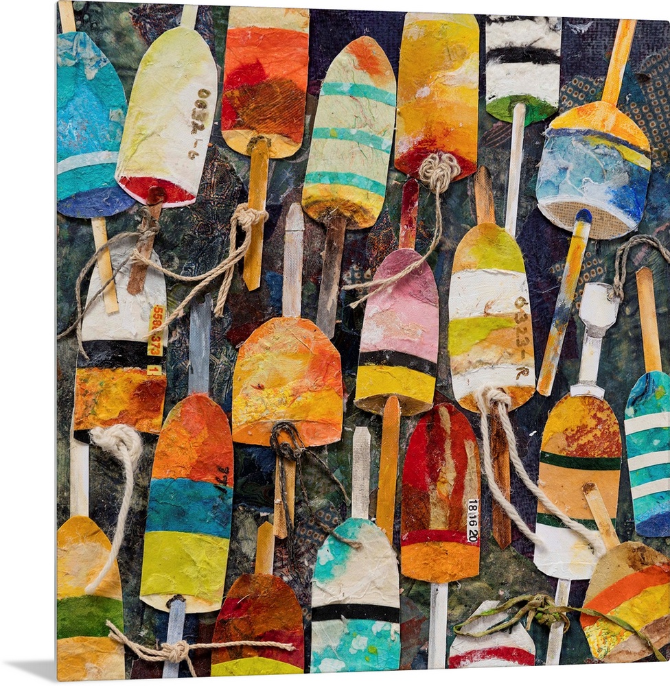 A mixed media painting of water buoys in bright, multiple colors with rope on a dark backdrop.