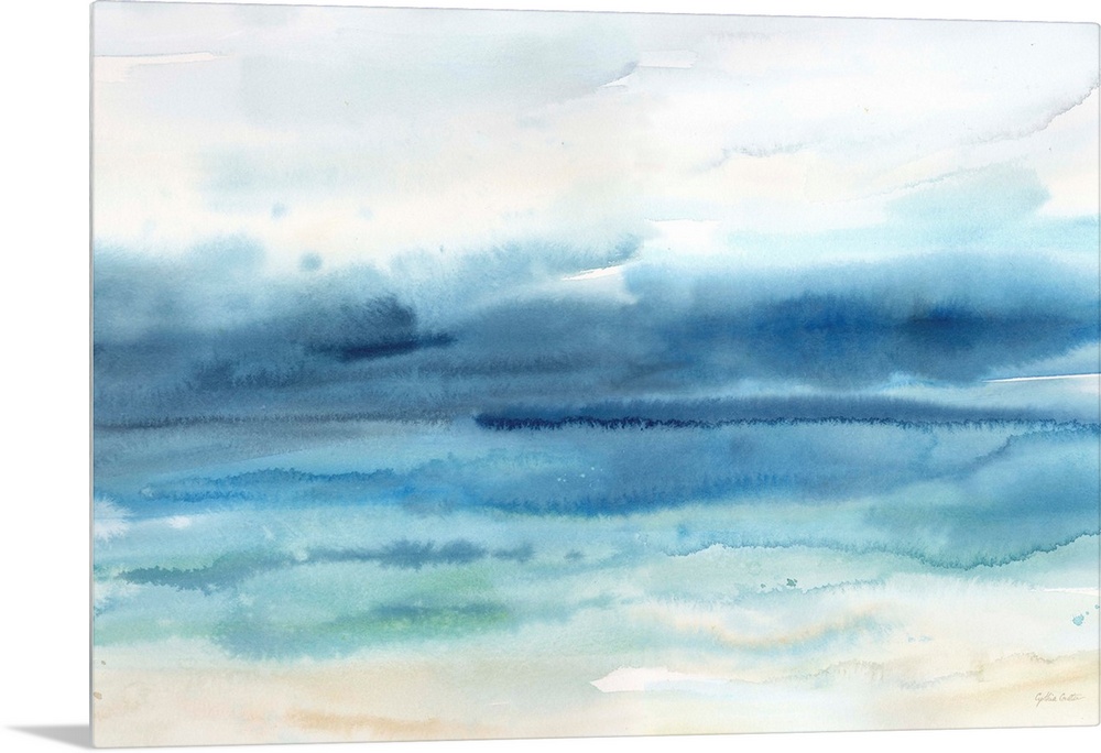 A watercolor painting of an abstract seascape in muted tones of blue.