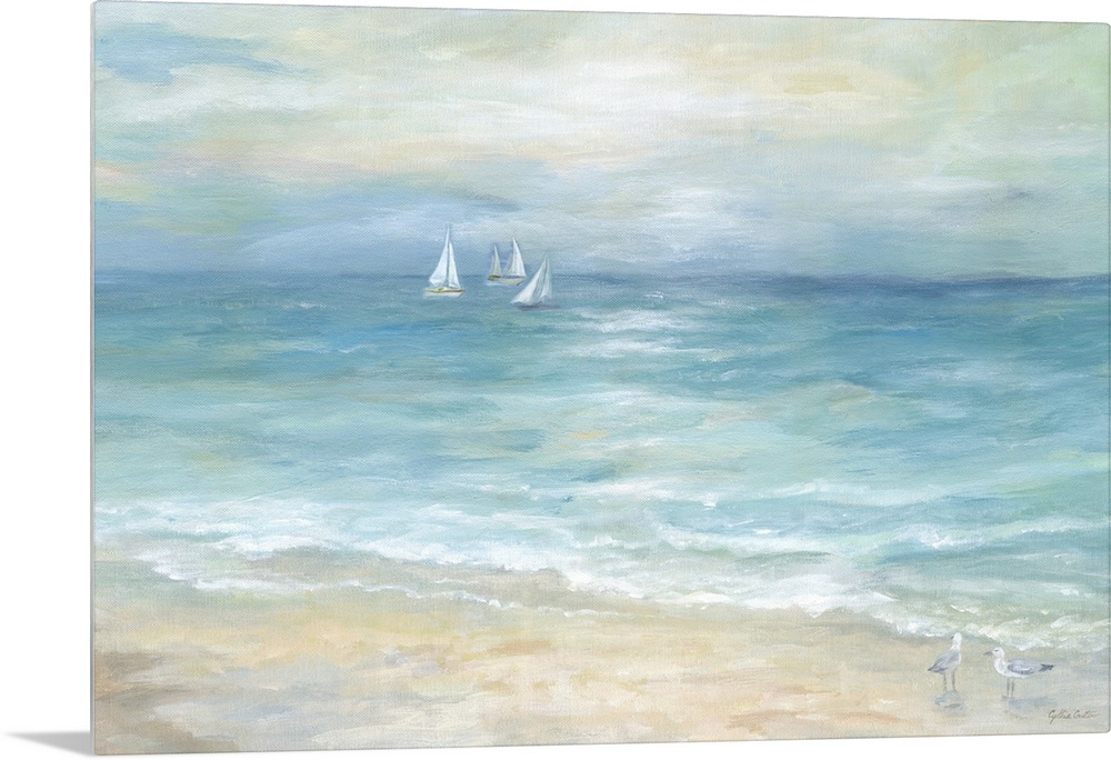 A contemporary painting of a seascape with sailboats off in the distance and shorebird walking along the beach.