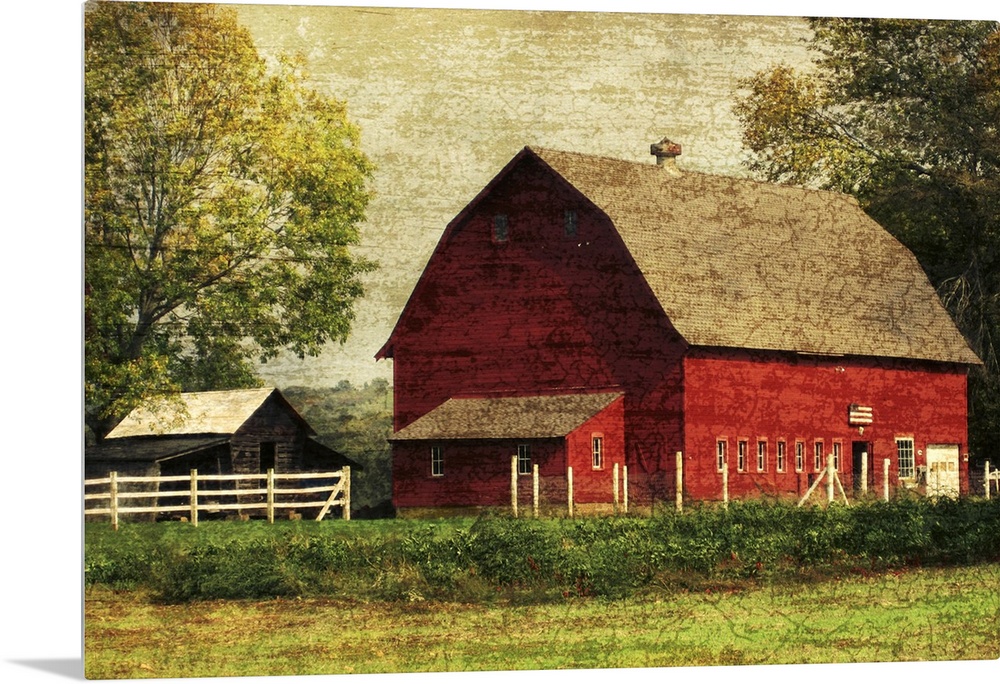 Image of a large red barn framed by trees with a vintage, distressed overlay.