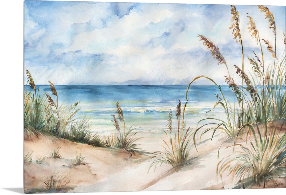 A contemporary watercolor painting of grass cover sand dunes on a beach with a blue sky above.