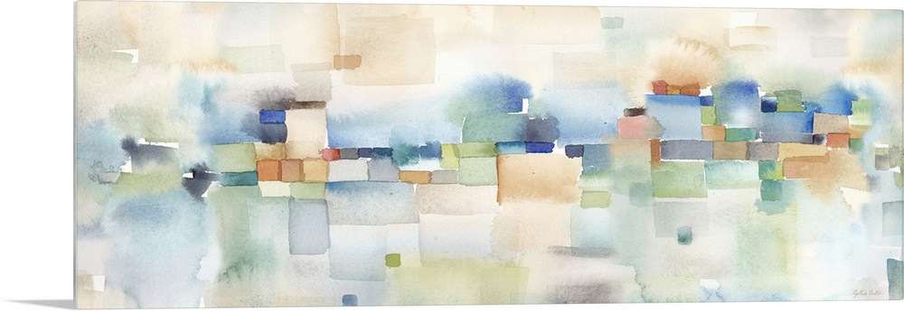 Horizontal abstract watercolor painting in blurred square shapes in muted tones of brown, blue and green.