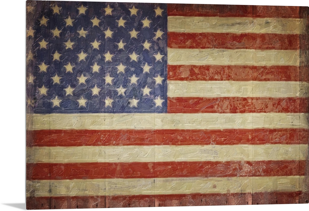 The American flag with a distress appearance on wood planks.
