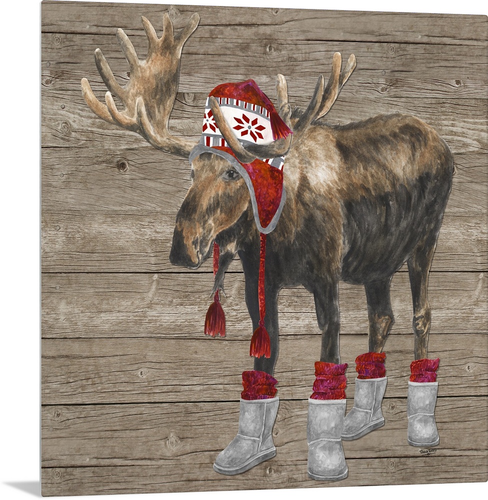 Decorative image of a buck wearing a red cap and boots with red socks against a wood panel backdrop.