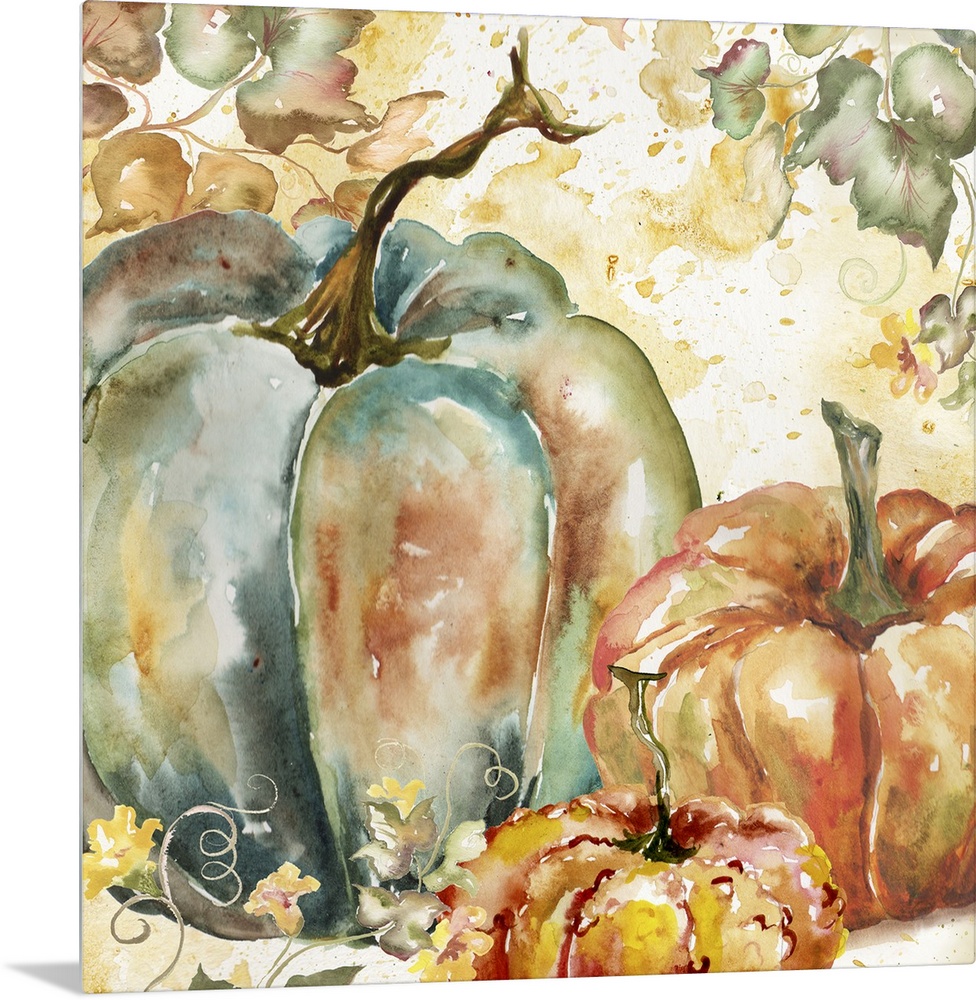 A watercolor painting of a group of pumpkins with autumn leaves in warm shades.