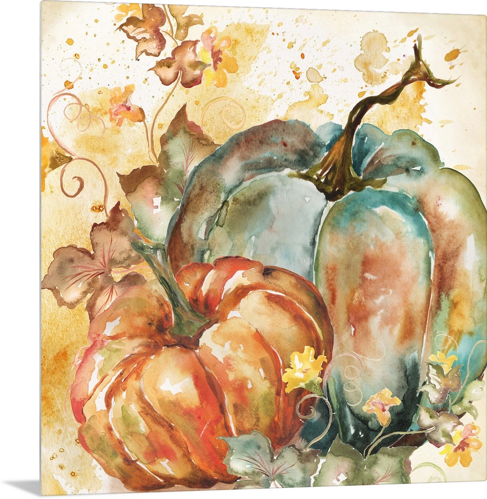 A watercolor painting of a group of pumpkins with autumn leaves in warm shades.