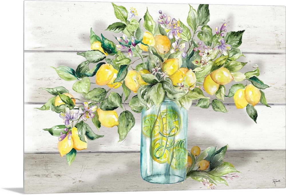 A rustic, country style image of a branch laden with lemons and lemon blossoms, in front of a white shiplap background. Th...