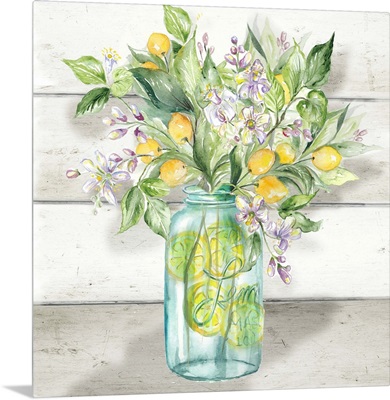 Watercolor Lemons In Mason Jar On Shiplap