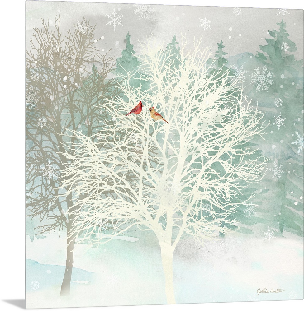 A group of bare trees with red birds as snowflakes fall.