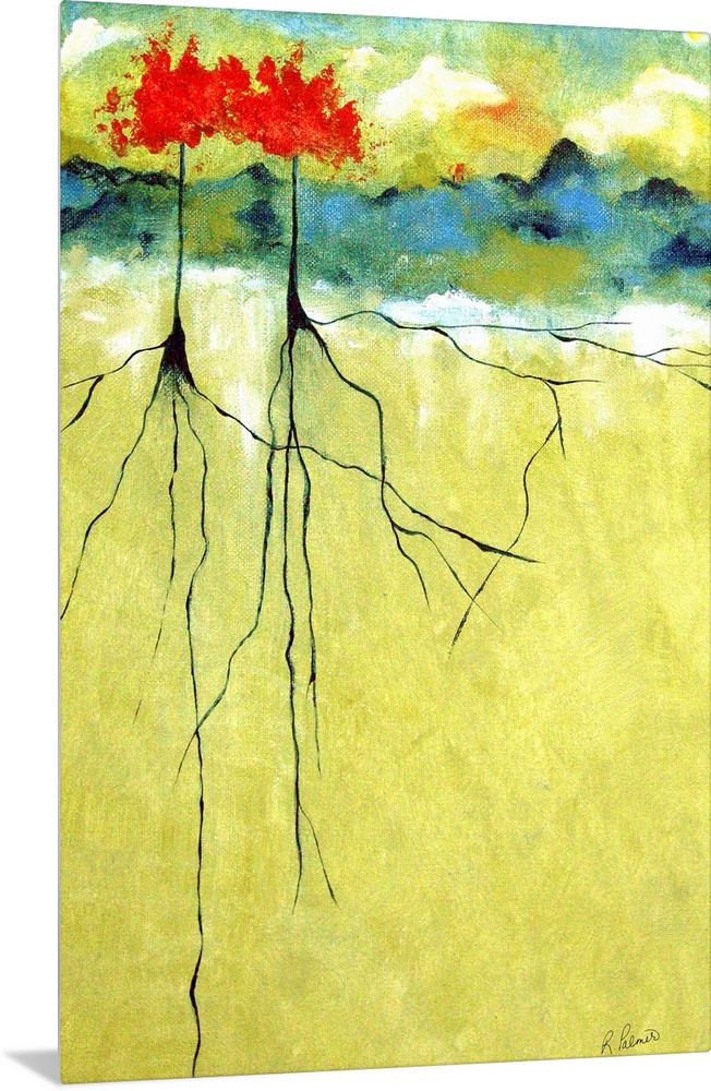 Portrait, contemporary painting on a big wall hanging of a small landscape at the very top of the image with two small tre...