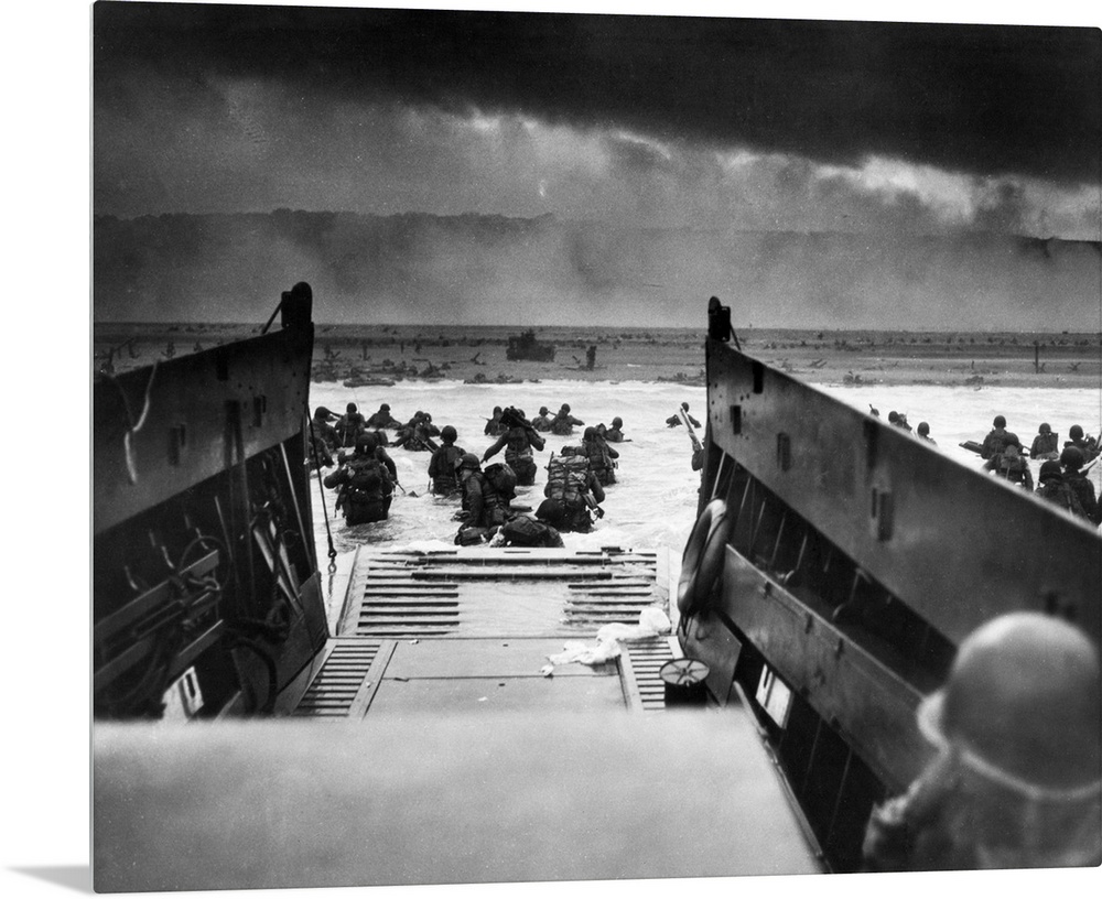 D-Day landings. US Coast Guard-manned LCVP disembarking troops on the morning of 6 June 1944 at Omaha Beach in one of the ...