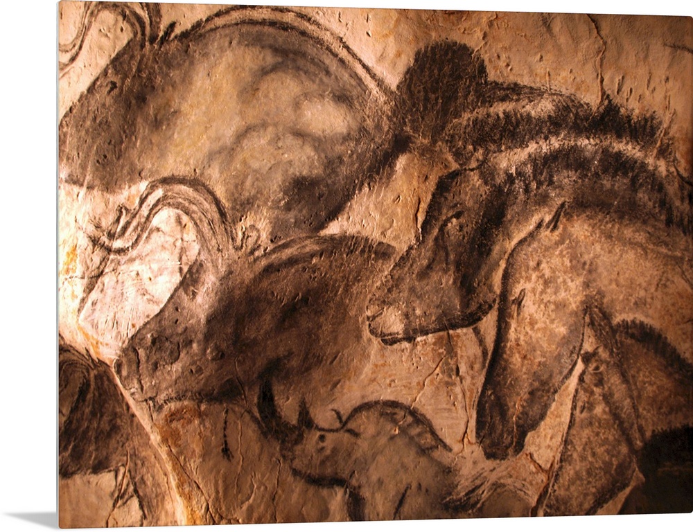 Stone-age cave paintings. Artwork depicting various animals painted on the wall of a cave. These paintings are found in th...