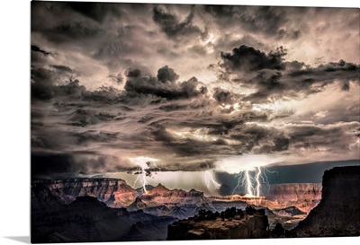 Lightning storm at night over the Grand Canyon
