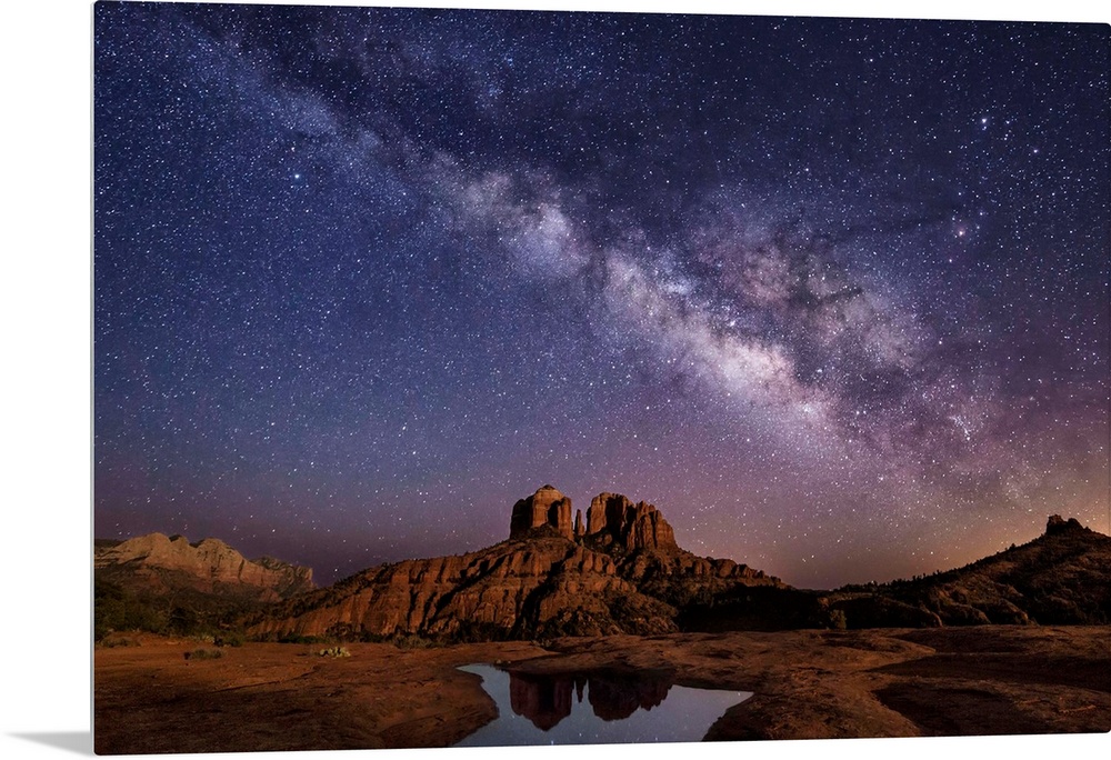 Milky Way and moonlight over Cathedral Rocks in Sedona, Arizona.