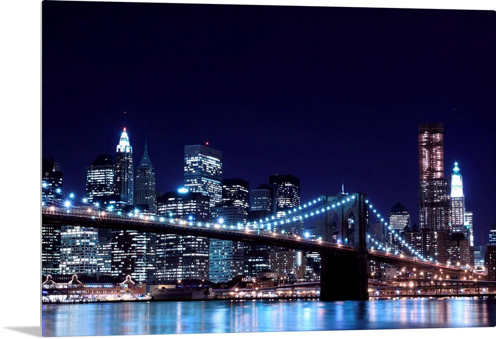Brooklyn Bridge and Manhattan Skyline At Night, New York City.