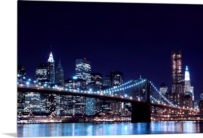 Brooklyn Bridge and Manhattan Skyline At Night, New York City