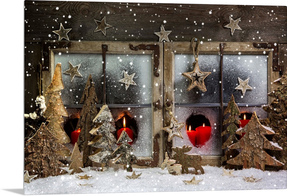 Christmas Window Decoration In Red With Wood.