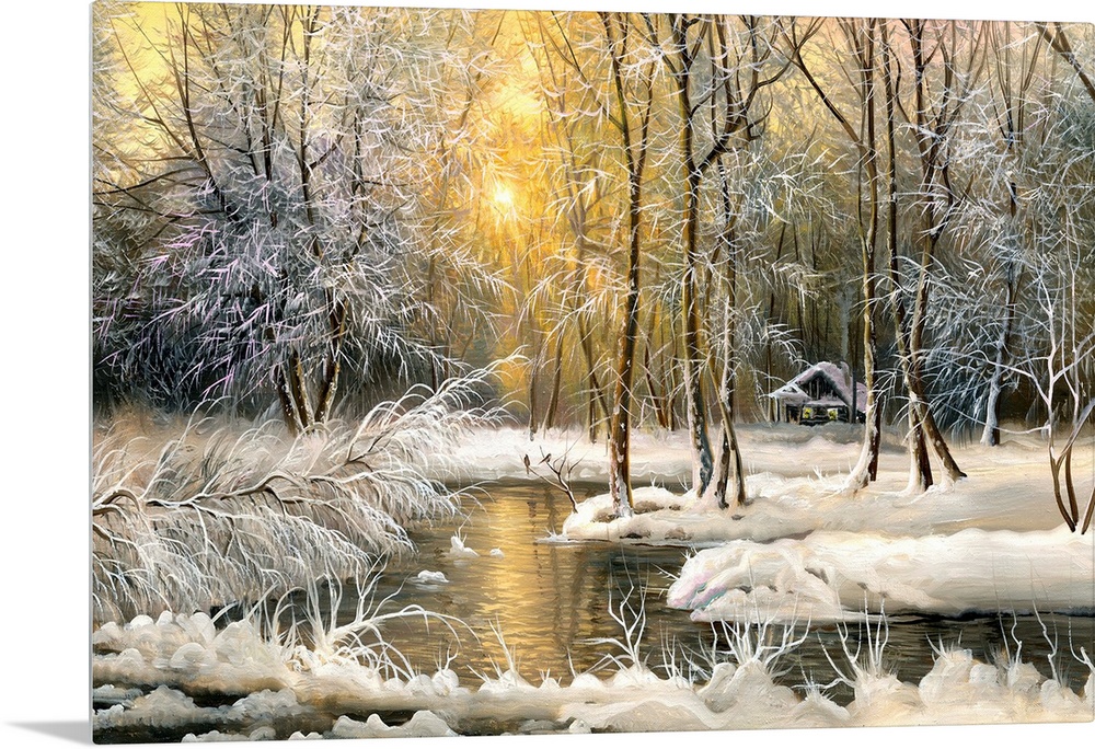 Winter landscape with the wood river