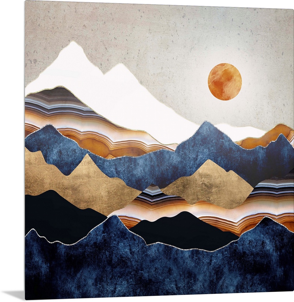 Abstract depiction of a landscape with an amber sun and mountains.