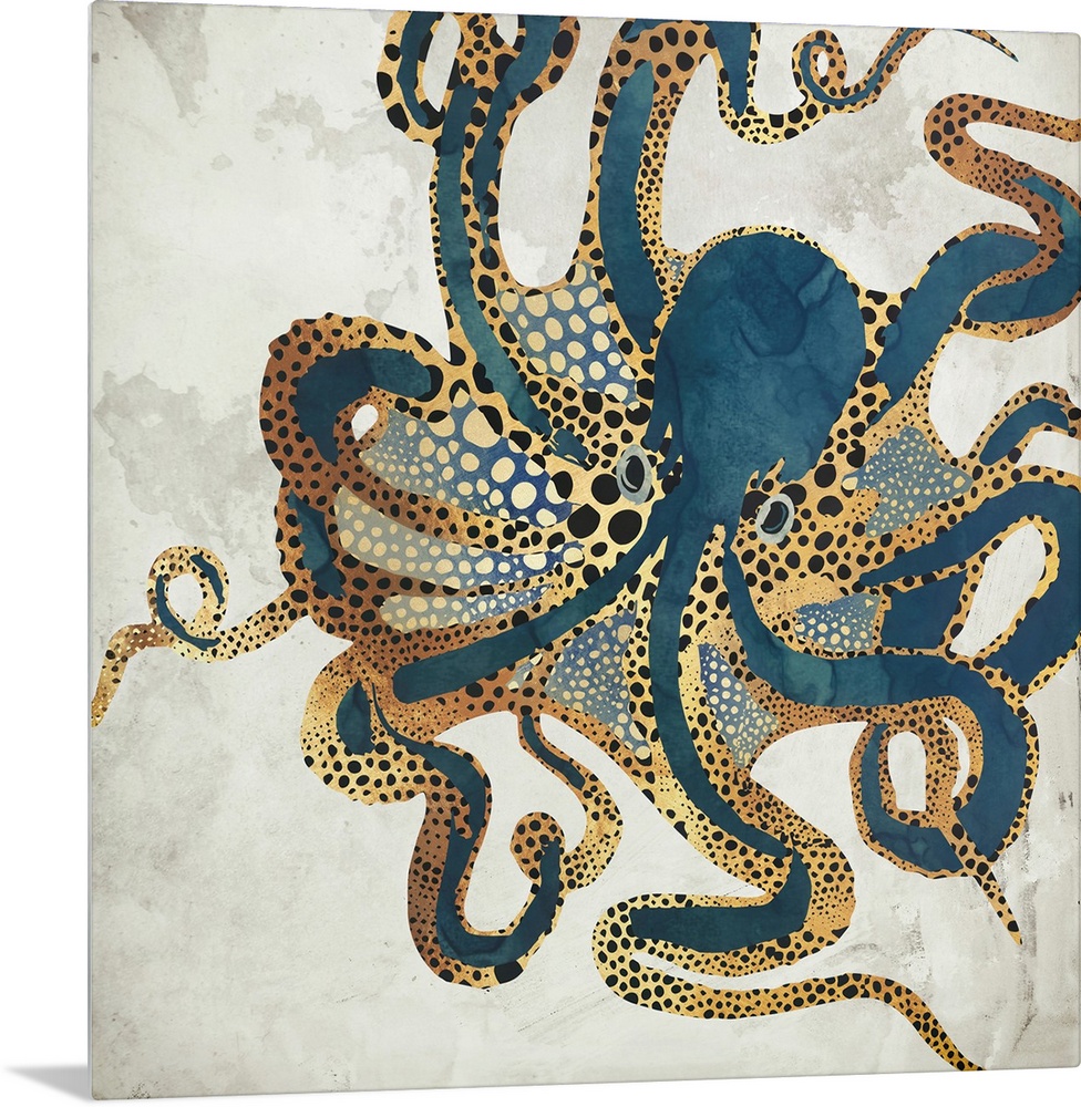A contemporary illustration of a large octopus in shades of dark teal and gold, on a mottled grey background