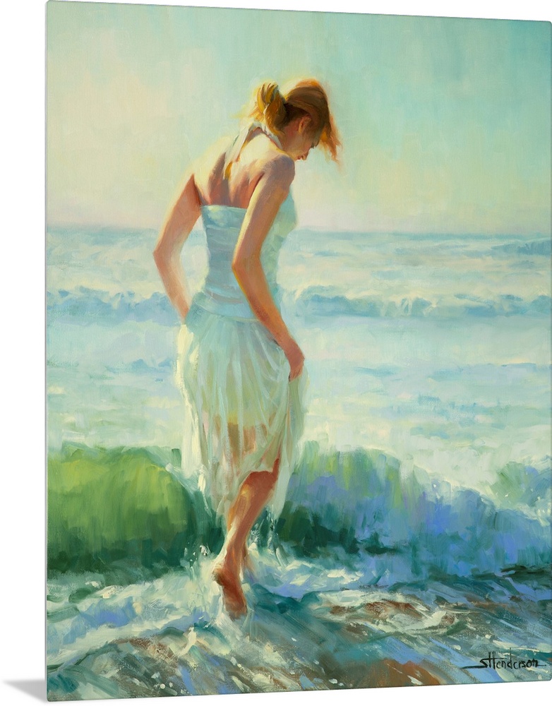 Traditional representational painting of a young woman in a sundress walking barefoot through the ocean surf. She is a red...