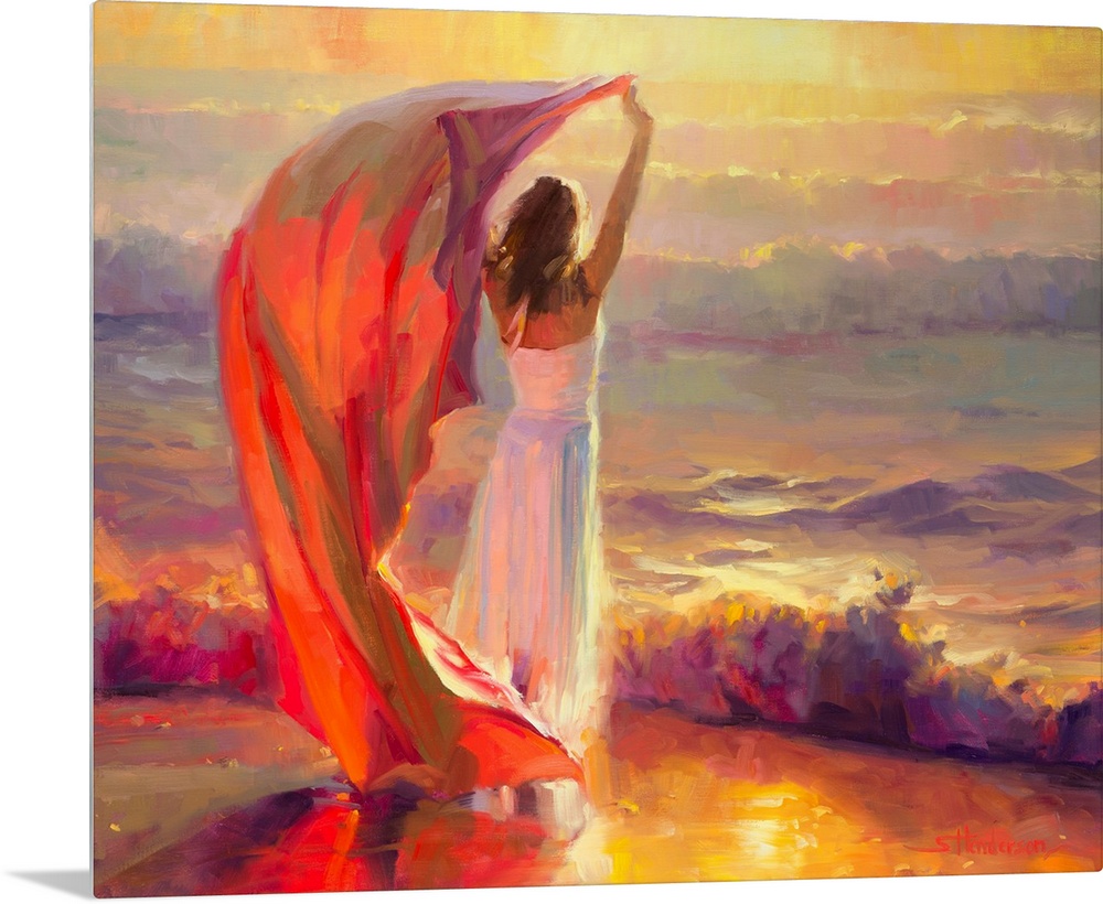 Traditional impressionist painting of a young beautiful woman standing at the beach, arms raised to the sunset