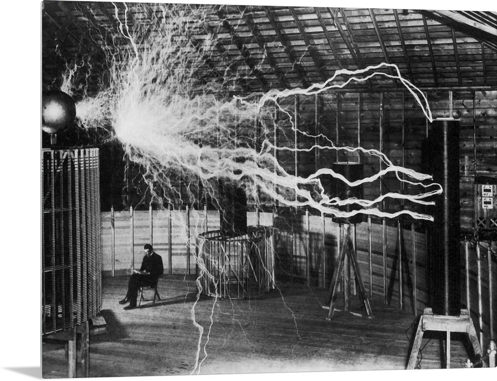 Bolts of electricity discharging in the lab of Nikola Tesla.