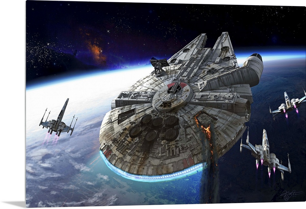The Millennium Falcon flying over a planet with three X-Wings.